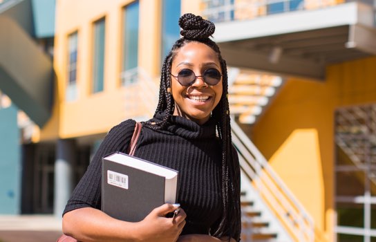 Law school student walking on campus